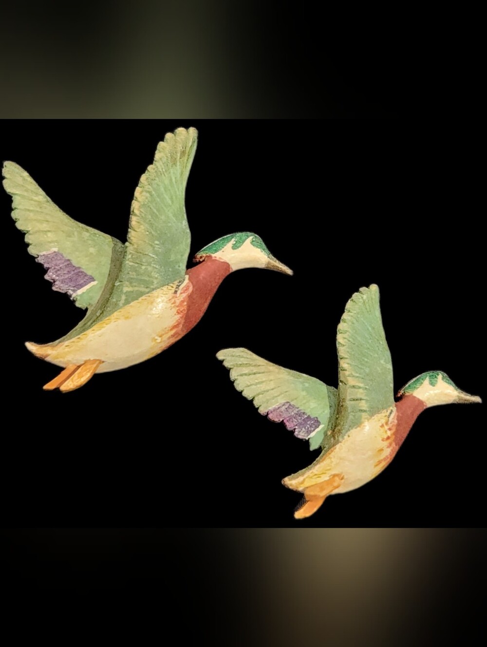 Two VTG Signed RW Smith Hand Carved Painted Flying Mallard Duck Pin Brooch Fall